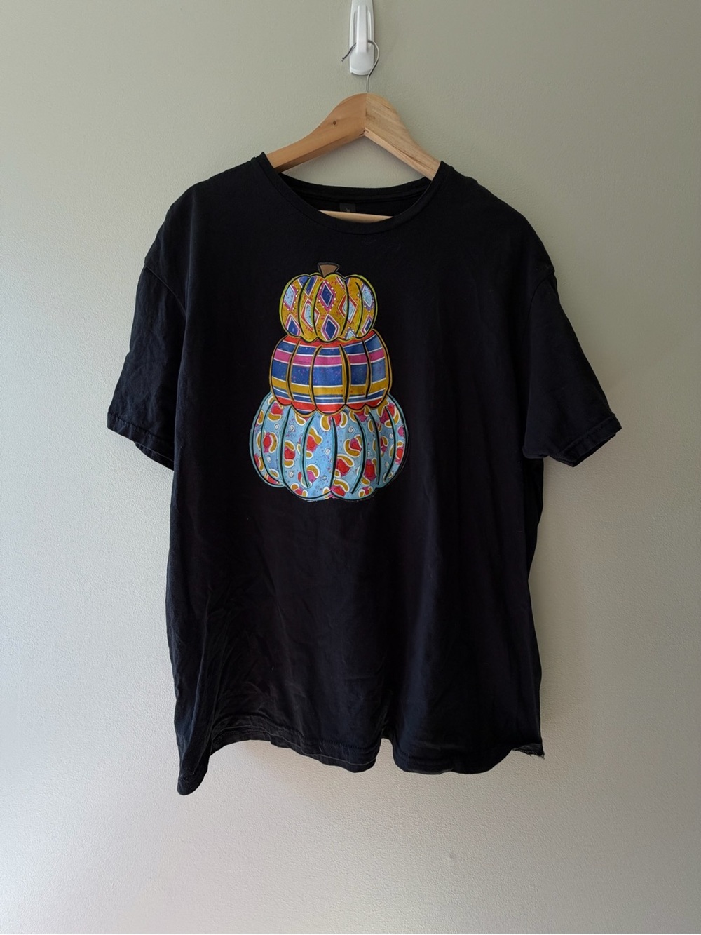 Gildan Black Short Sleeve Tee with Colorful Stacked Pumpkin Graphic - Picture 4 of 4